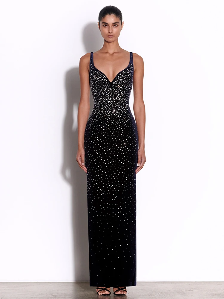 

Luxury Sparkling Rhinestone Bandage Maxi Dress – Sleeveless Bodycon Evening Gown for Formal Events & Engagement Parties