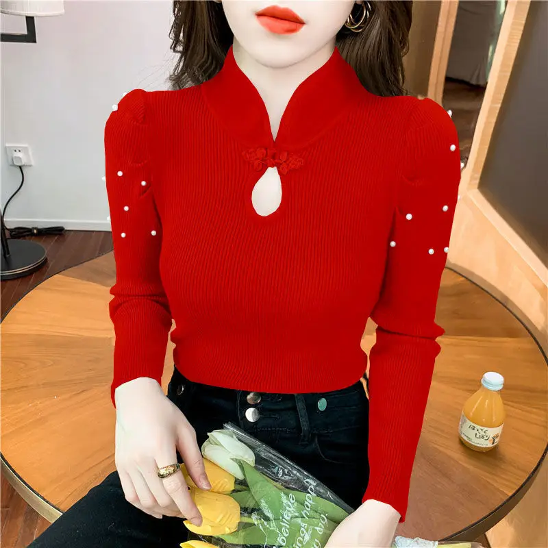 Elegant Solid Color Button Beading Hollow Out Blouses Women's Clothing 2023 Autumn Winter Slim Korean Tops Puff Sleeve Shirts