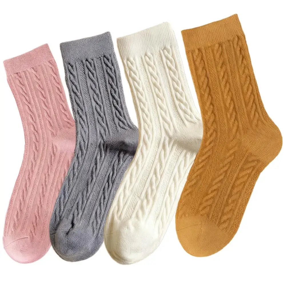 Женские осенние носки средней длины, модные высокие длинные носки с косой, однотонные носки с высоким ворсом, новые