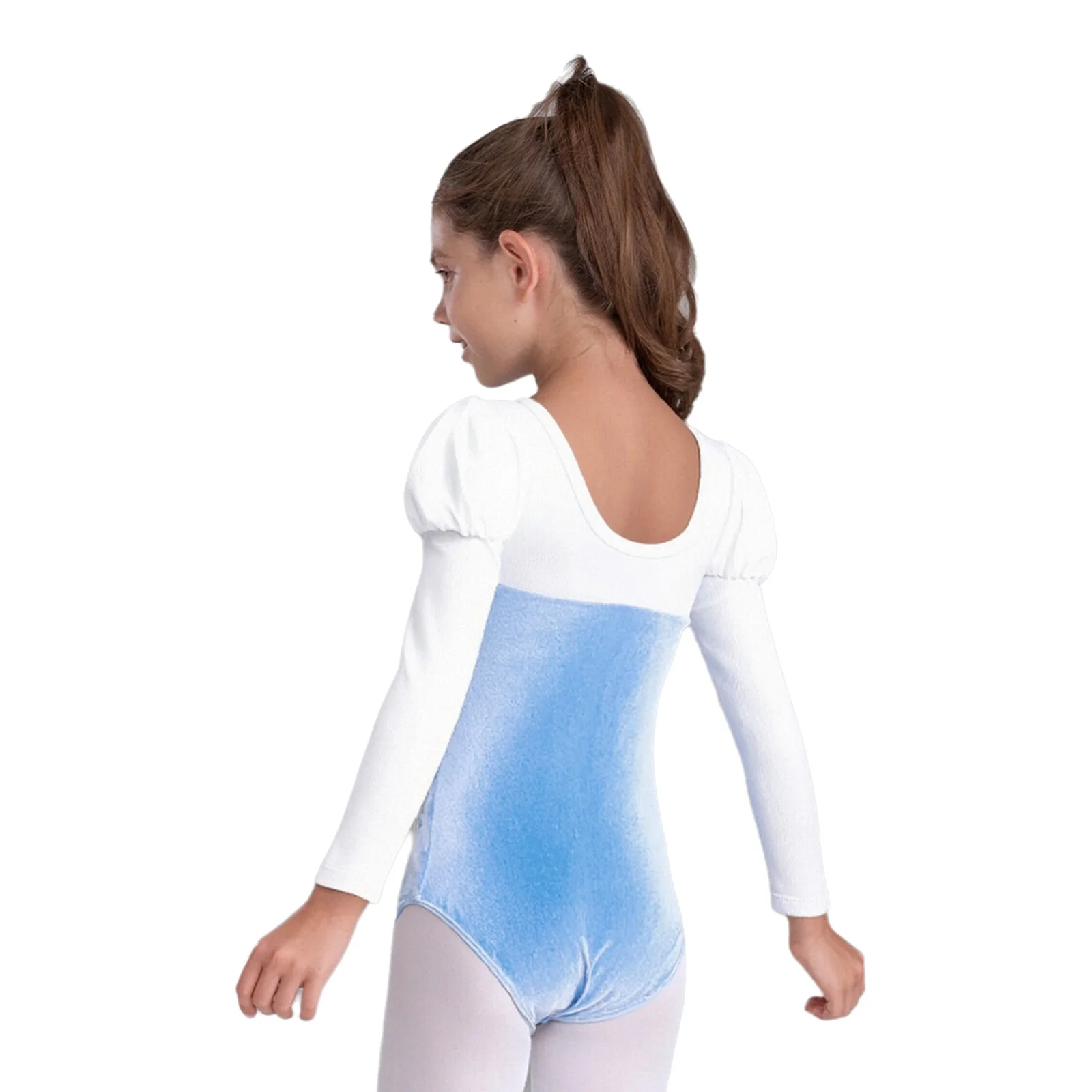 Dziewczęcy strój baletowy z kokardą, okrągły dekolt, bufiaste długie rękawy, aksamitny patchwork, kolorowy blokowy kombinezon, strój baletniczki do tańca lirycznego.