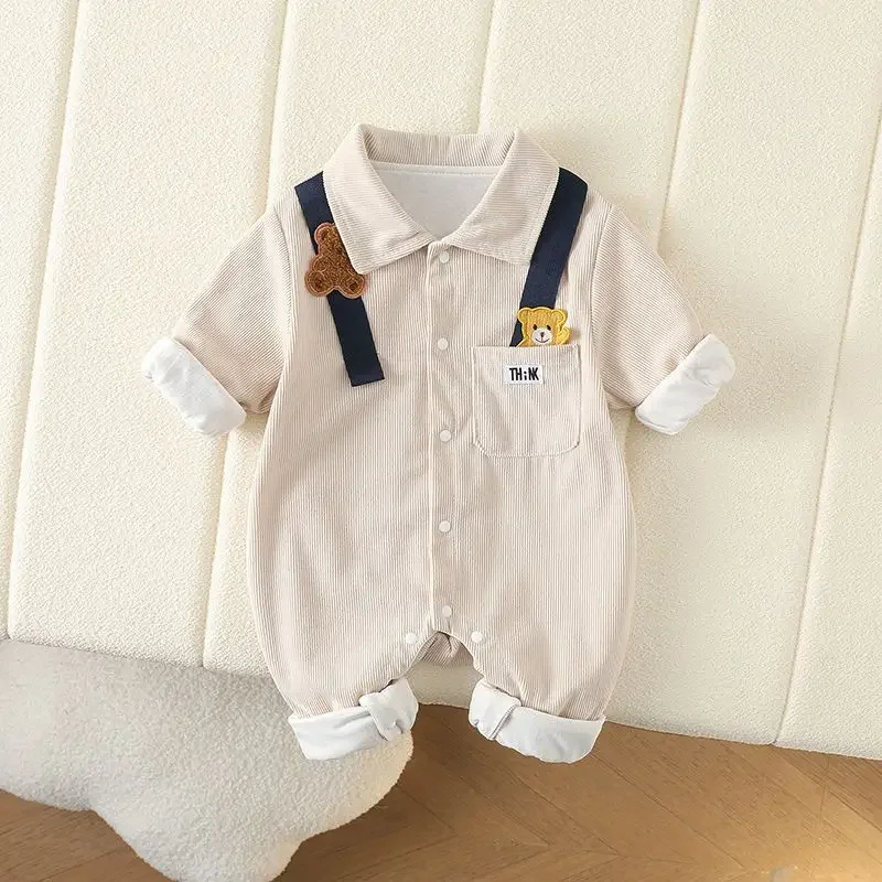 Baby Clothes Newborn Rompers 2024 Autumn Infant Boys Casual Double Layer Jumpsuit Toddler Girls Cartoon Bear Corduroy Romper