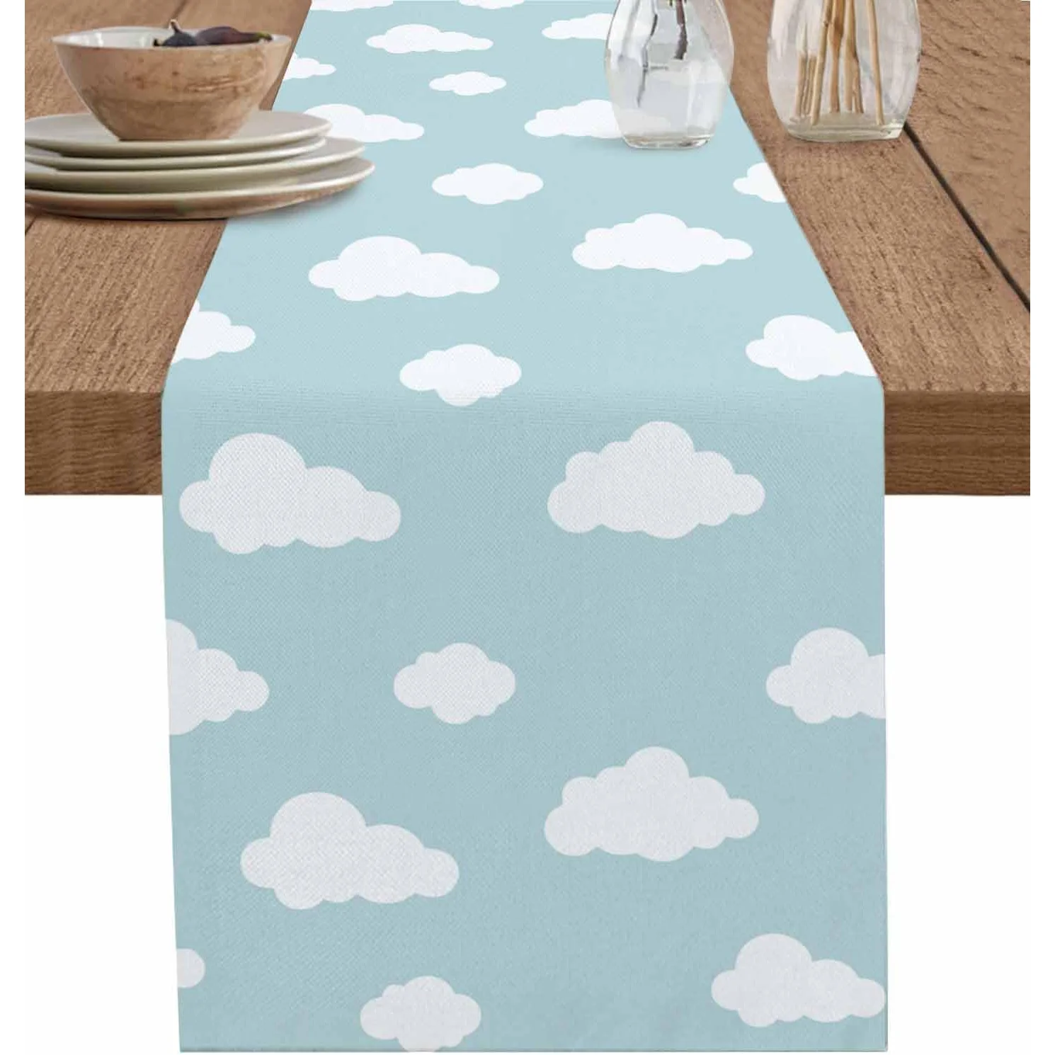 Light Blue Cloud Table Runner | Minimalist Cartoon White Cloud Print | Perfect for Home Celebrations, Parties