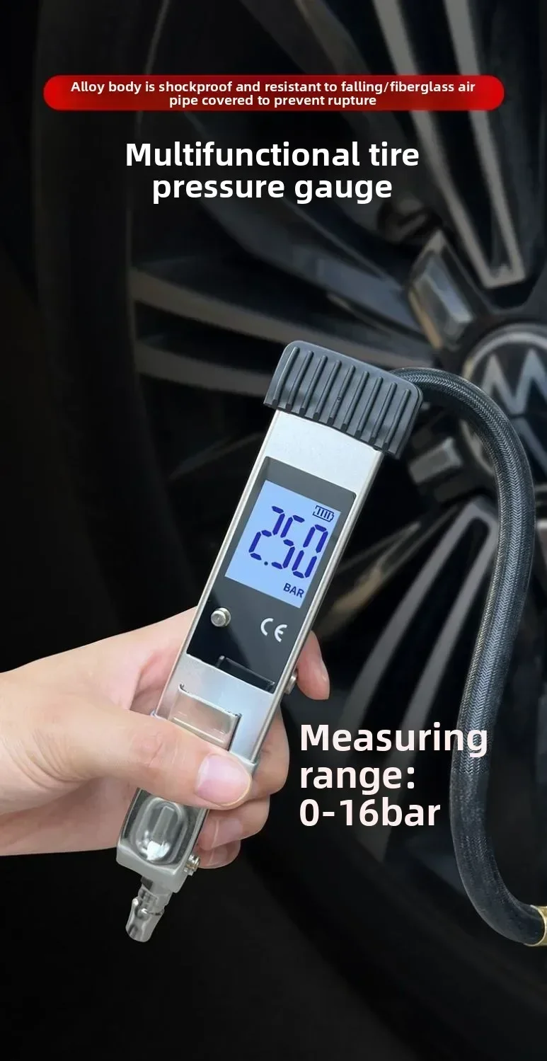 Durable  Car Tire Aluminum Alloy Inflatable Barometer Digital Display Inflatable Meter Electronic Tire Pressure Gun