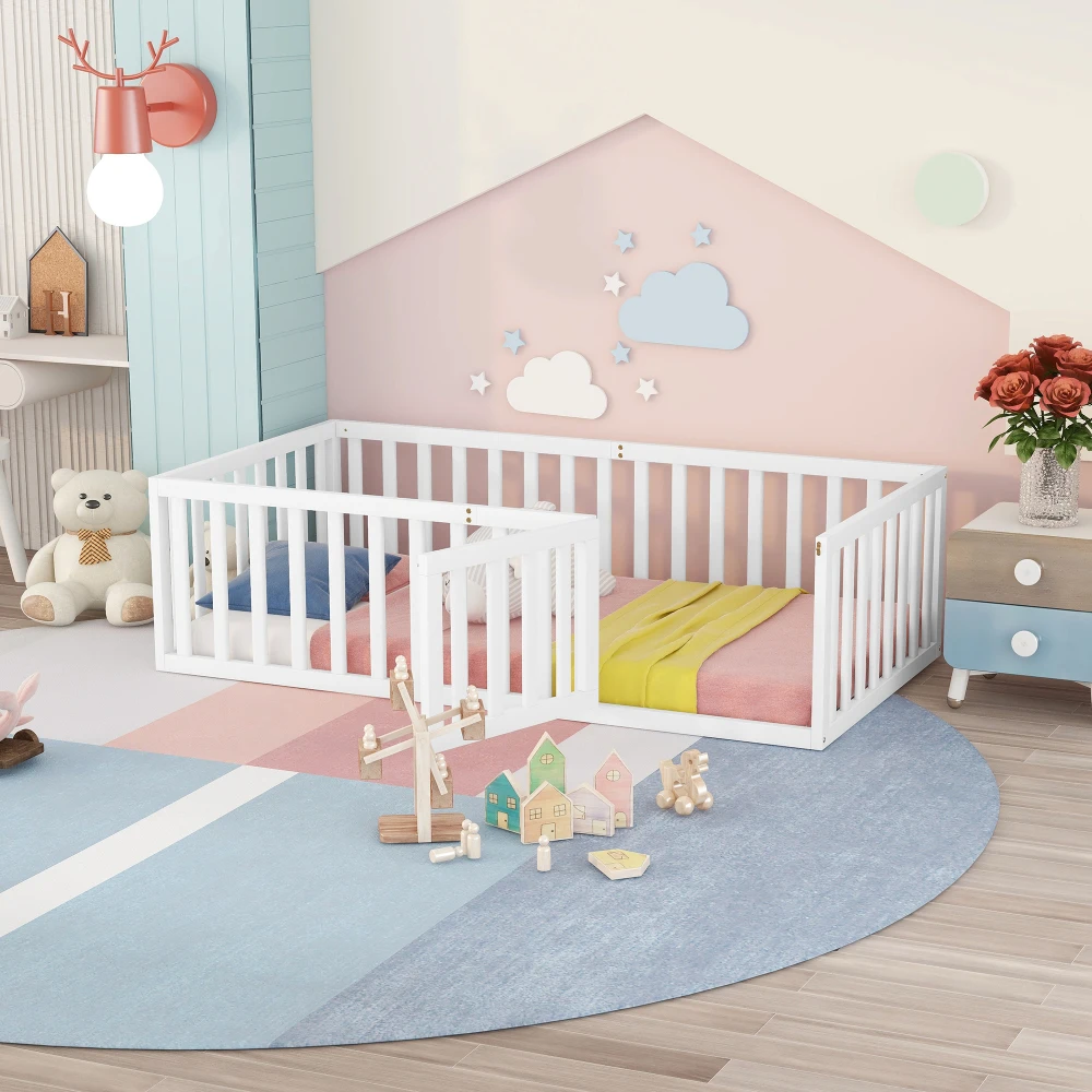 

Twin Size Wood Floor Bed Frame with Fence and Door, White