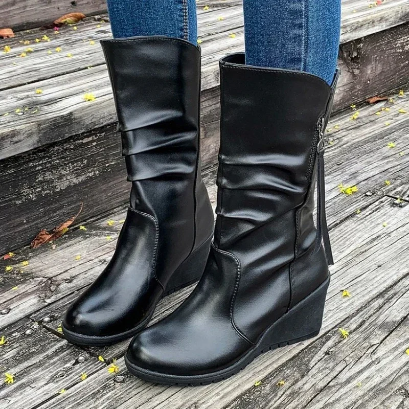 

2025 Winter Women's Boots Plush Warm Snow Boots Fashion Mid-calf High Heel Boots for Women High-quality Leather Boot Botas Mujer