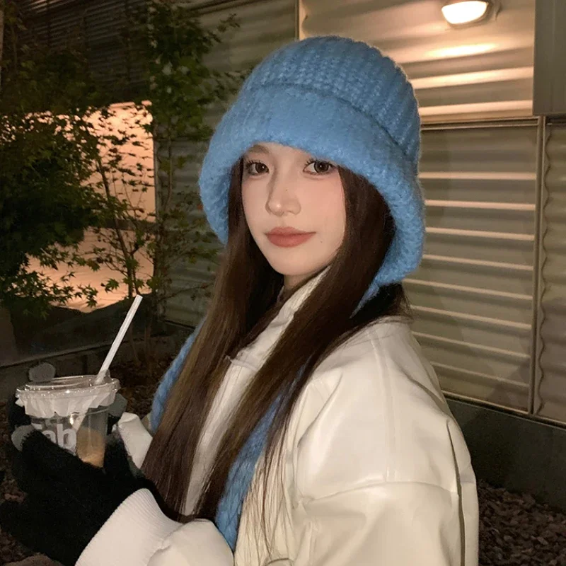 Korean Version Simple Blue Strap Beanies Cap for Women Autumn and Winter Casual Versatile Thermal Ear Protection Pullover Hat
