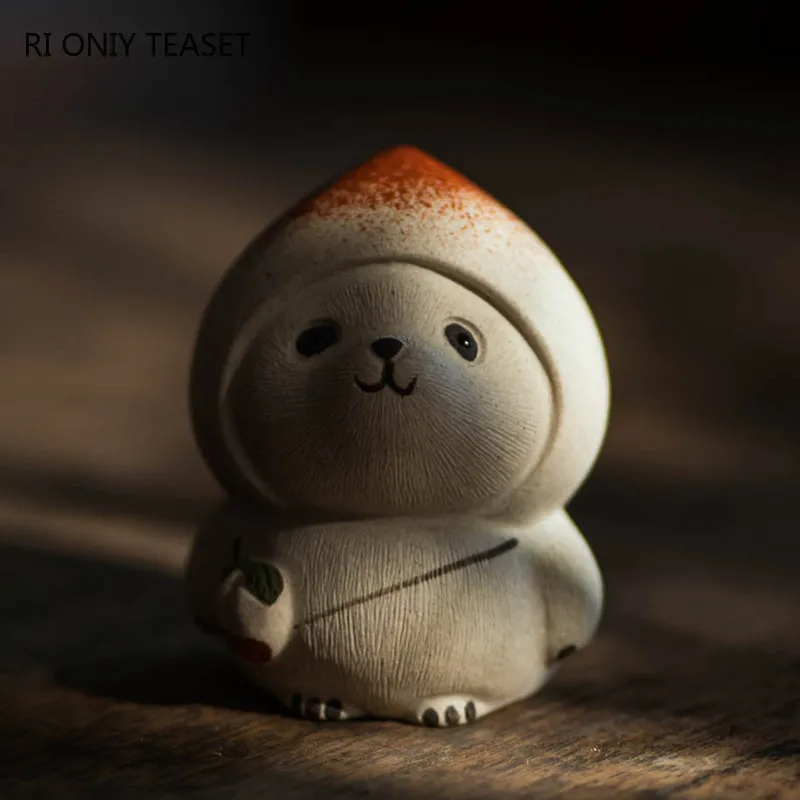 Panda Tea Pet with Peach Hat Peach Model Ornaments Yixing Purple Clay Tea Pet Tea Figurine Crafts Chinese Lucky Tea Set