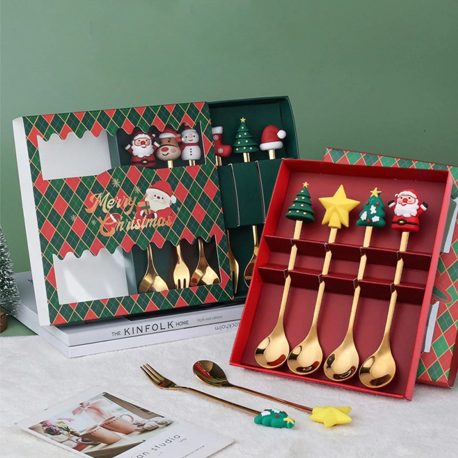 4Pcs Christmas Spoons/Forks Boxes Gifts,Presents Set for Celebrating Home Party,Classic Patterns For Kitchen Utensils,Xmas Gifts