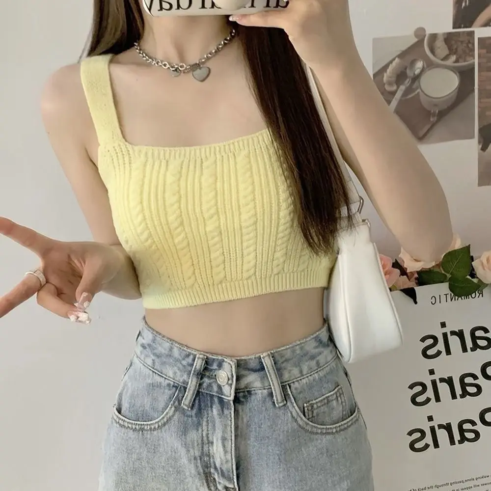 

Облегающие вязаные топы на бретелях Y2K, короткий жилет ярких цветов, чувствительно невинный вид, летняя майка