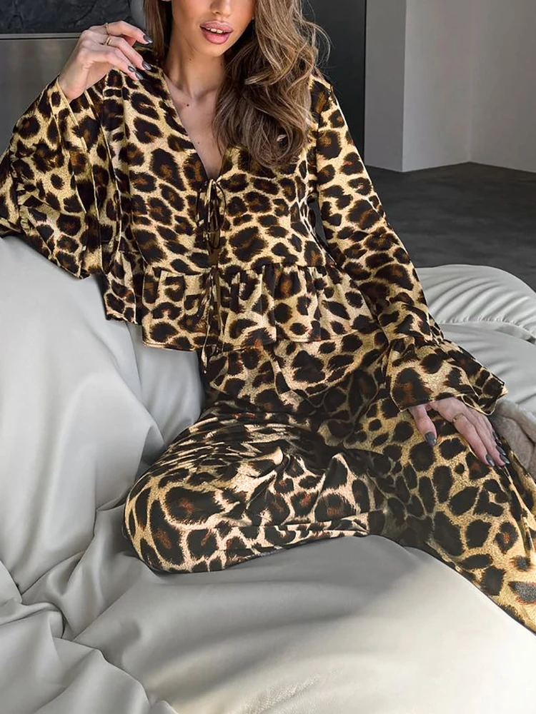 Hiloc Leopard Pajamas For Women 2 Piece Sets Loose Long Sleeve V Neck Lace Up Sleepwear Female Casual Trouser Suits Autumn 2024