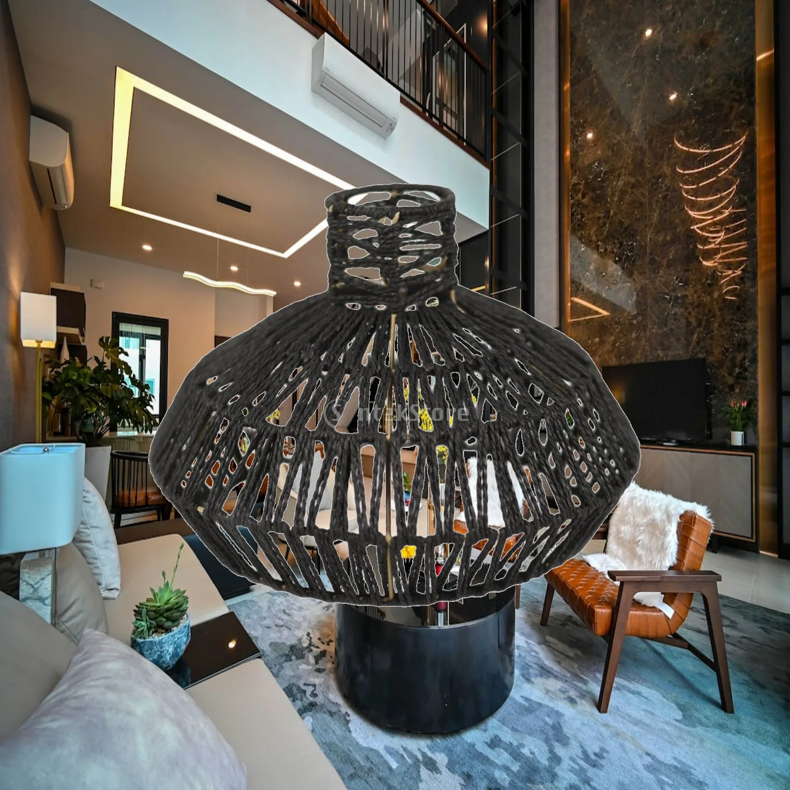 Boho Paper Rope Lamp Shade for Ceiling Pendant Light Handwoven Natural Rattan Style Lampshade Cover Rustic Hanging Lamp for