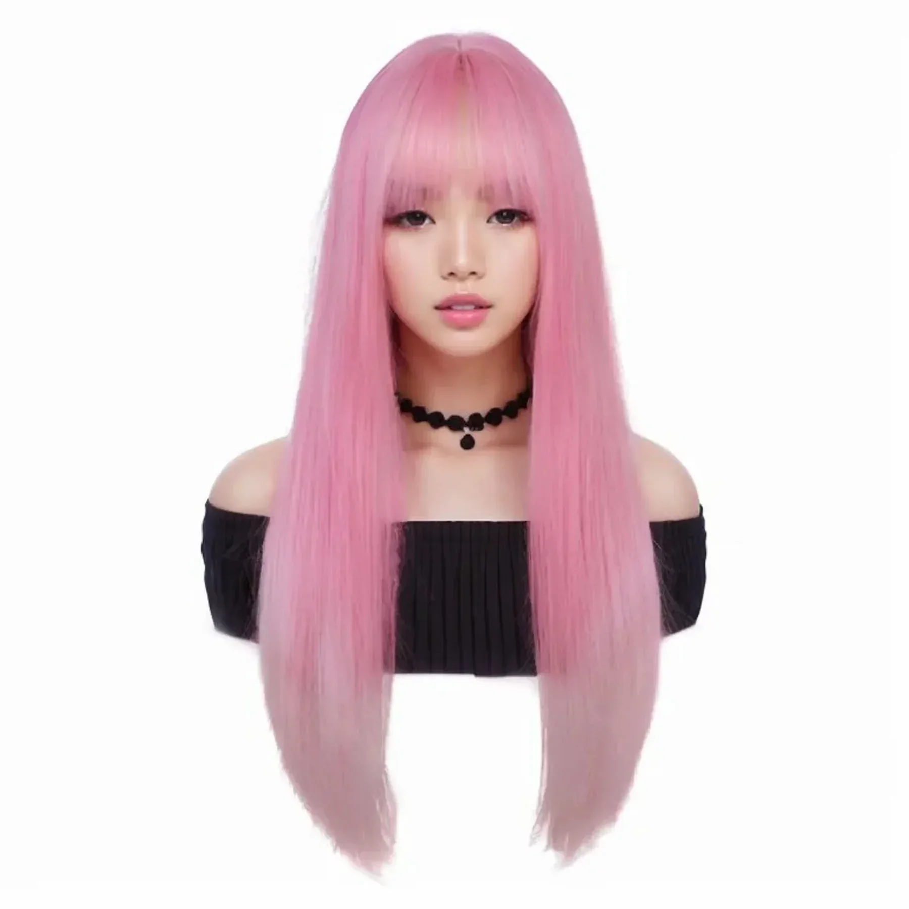 Long Pink Wigs for Women Synthetic Hair Silky Straight Wig with Bangs Long Cosplay Wigs Drag Queen Party Anime Movie Costume Wig