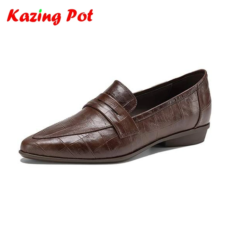 Krazing Pot Sheepskin Pointed Toe Low Heels Oxford Shoes Superstar Daily Wear Stone Patterns Gladiator Women Deep Mouth Pumps