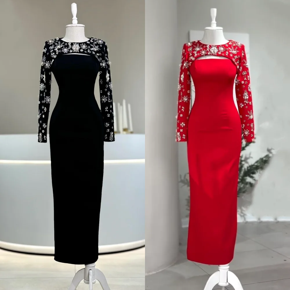 

Customized JerseyRhinestone O-Neck Sheath Midi Dresses Bespoke Occasion Evening Gown Classic Elegant High Quality Glitter