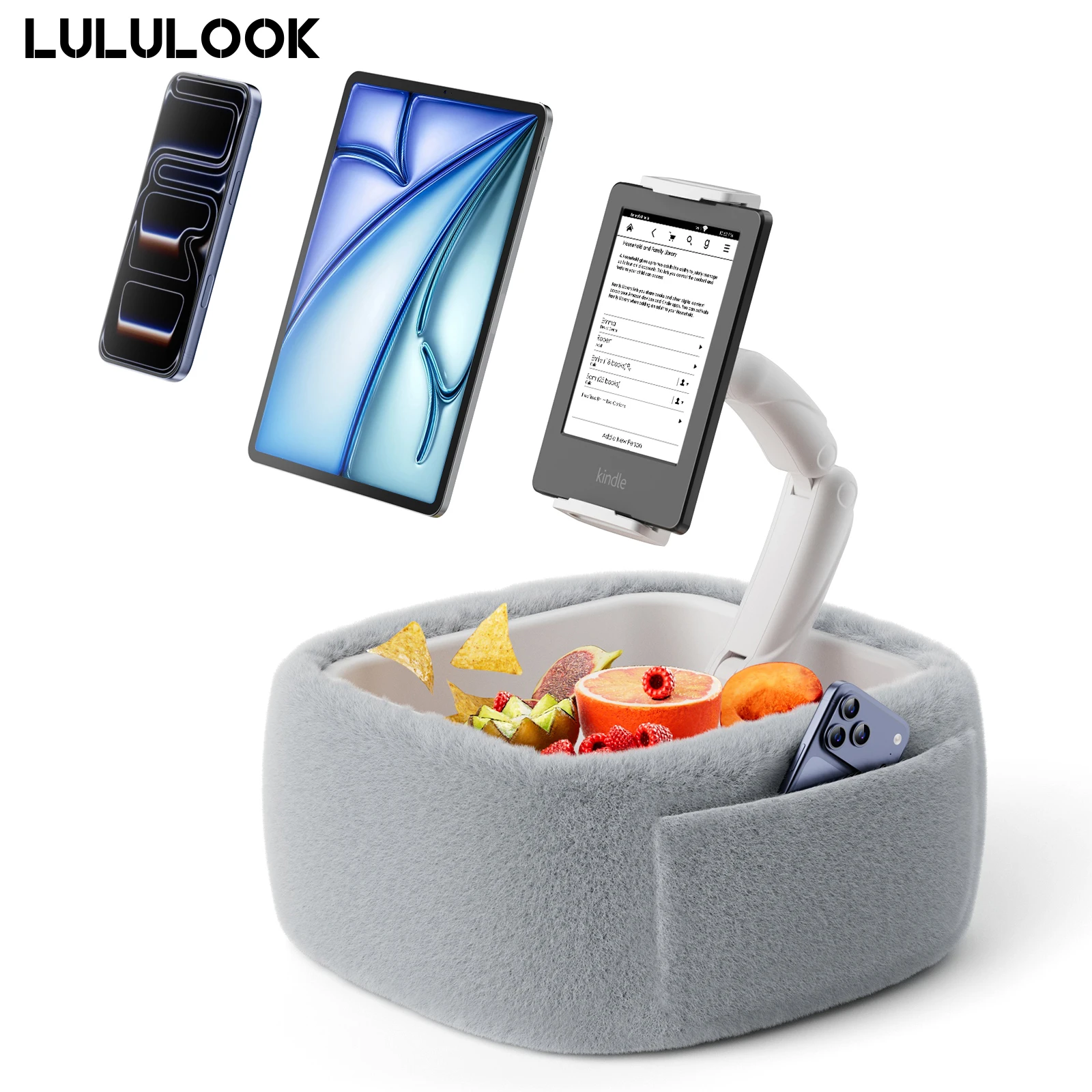 

LULULOOK Ультра пушистая подставка для подушки для Kindle, подставка для подушки для планшета с чашей для закусок и гибкими кронштейнами для iPad, планшета для телефона 4,7–14,6 дюйма