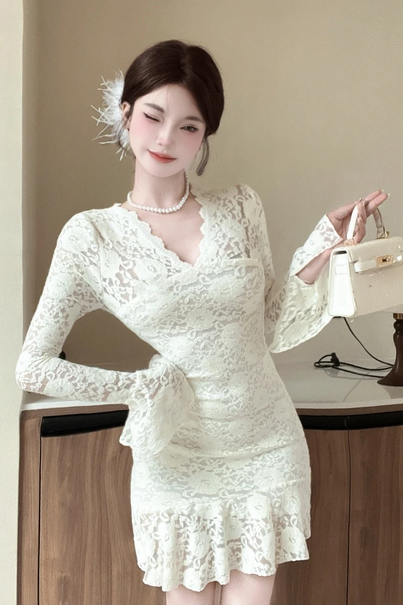 MiiiiX French Elegant Sexy Hollow Lace Spliced Dress Women 2024 Autumn Waist V-neck Short Ruffled Bottoming Dress Female Clothes