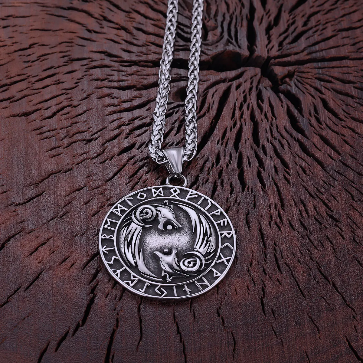 Vikings Stainless Steel Twin Wolves Mixed Gold Color Pendant Nordic Helmet of Awe Rune Amulet Necklace Gift for Boyfriend