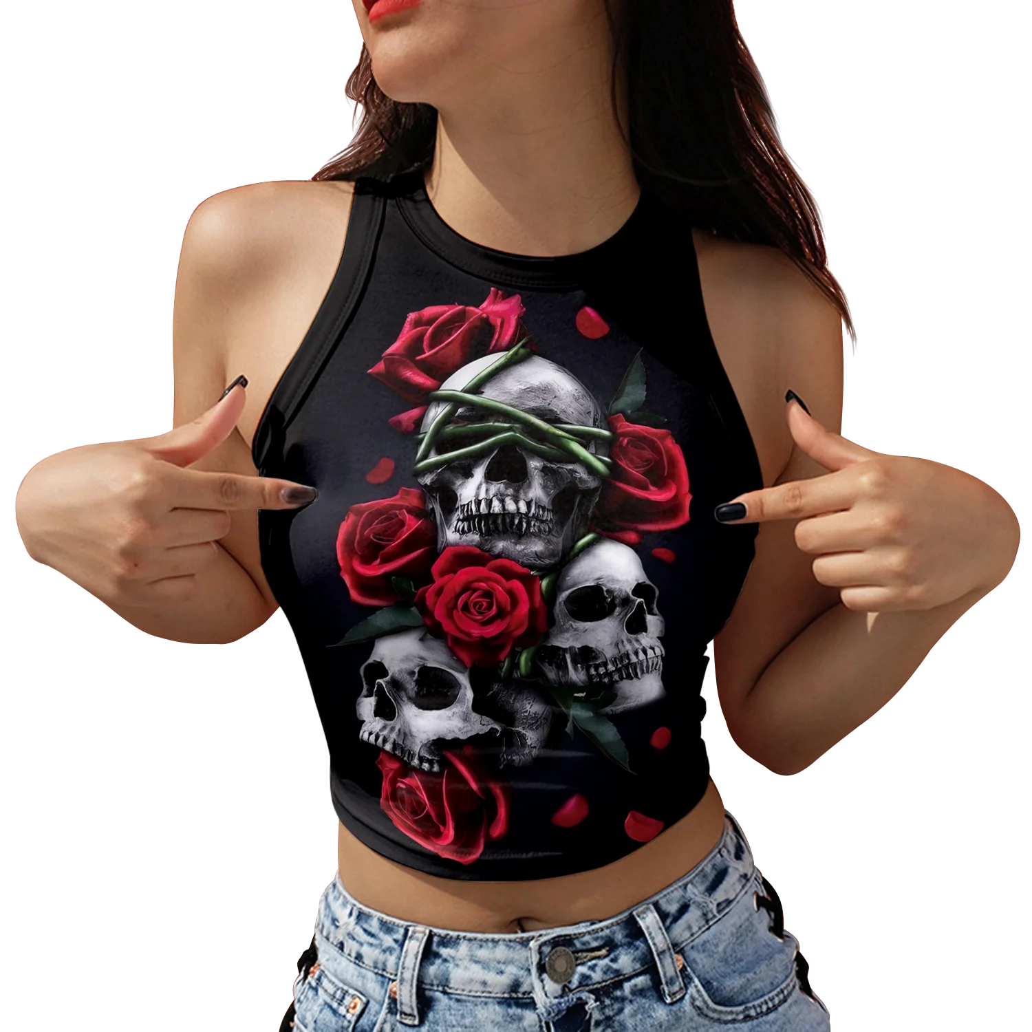 

Zawaland Skeleton Tank Top for Women Summer Fashion Sleeveless Vest Tops Gothic Human Skull Rose Printed Vest Streetwear
