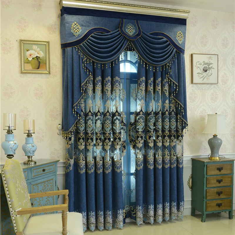 

Luxury High Quality Thickened Navy Blue Living Room Curtains Golden Thread Embroidery Bedroom Study Door Valance Curtains