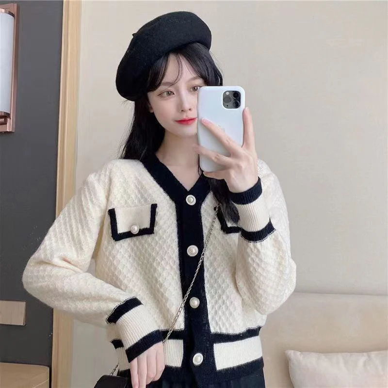 Women Korean Fashion Knit Cardigan Harajuku Y2K Patchwork Loose Crop Sweater Coat Autumn Casual All Match Long Sleeve Jacket