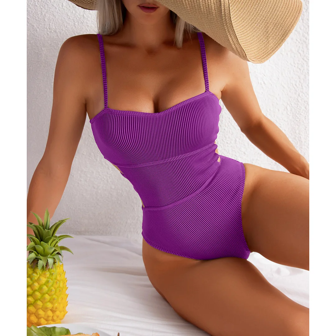 S - XL, 11 Farben, gerippter Badeanzug mit Ausschnitten, einteiliger Badeanzug für Damen, Badebekleidung für Frauen, Badeanzug mit hohem Beinausschnitt und Polsterung, Badeanzug für Damen, V3404. – Detail 40