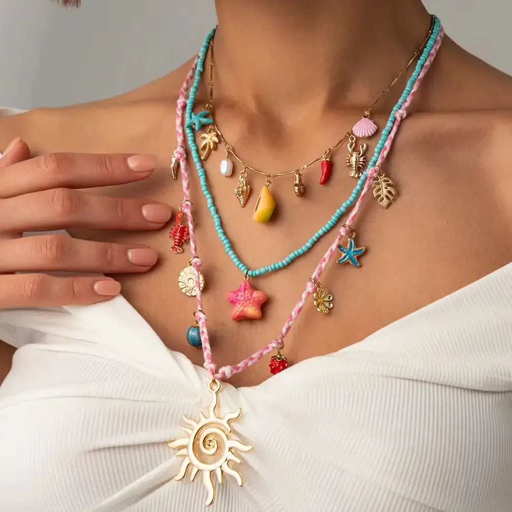 Nuevo Juego de 3 Collares con Colgante de Estrella de Mar, Concha y Cangrejo de Metal Retro, Cadena de Cuentas de Arroz para Mujer, Joyería Y2K para Playa de Verano