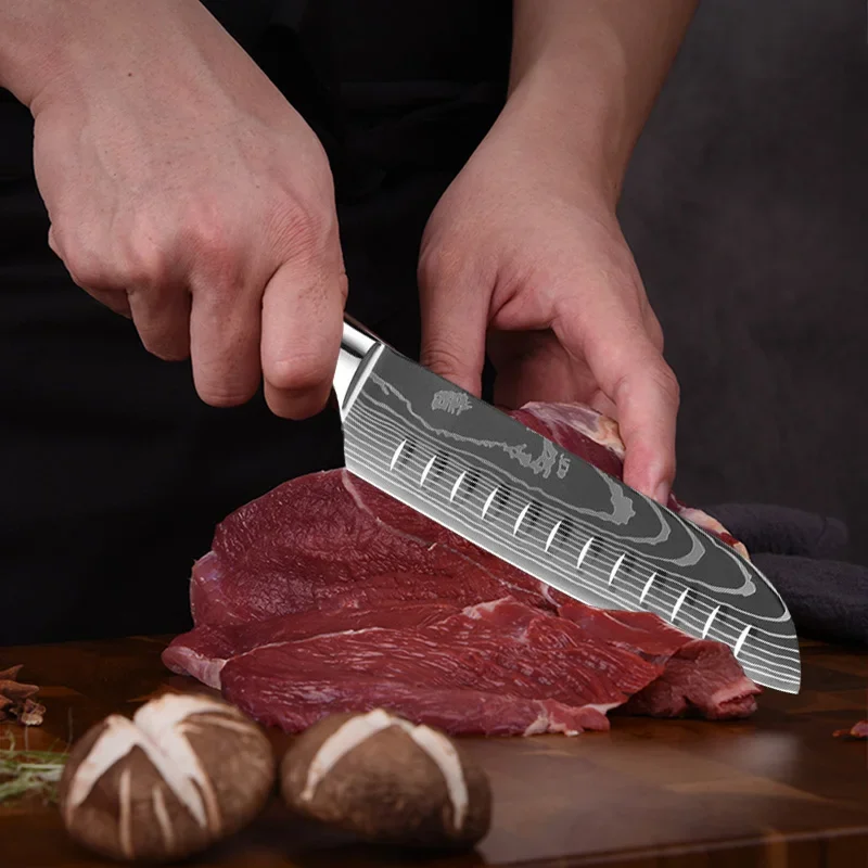 Carbon Steel Santoku Kitchen Knife for Home Restaurant Razor Sharp Japanese Chef Ergonomic Handle Laser Damascus Boning Knife image 5