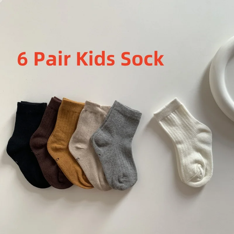 6 Pair Solid Color Series Kids Sock for Boy Girl Korean Fashion Calf Sock for Student Simplicity Soft Cotton Spring Summer Sock