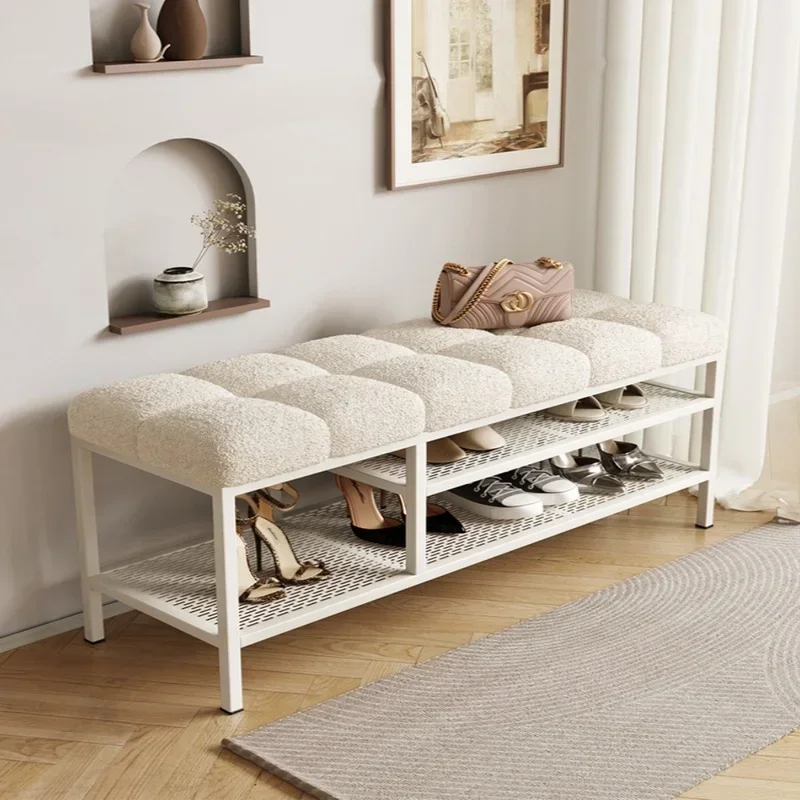 High-End Entry Shoe Bench Nordic Low Stool Light Cream Metal Shoe Shelf Multifunctional Storage Cabinet for Foyer