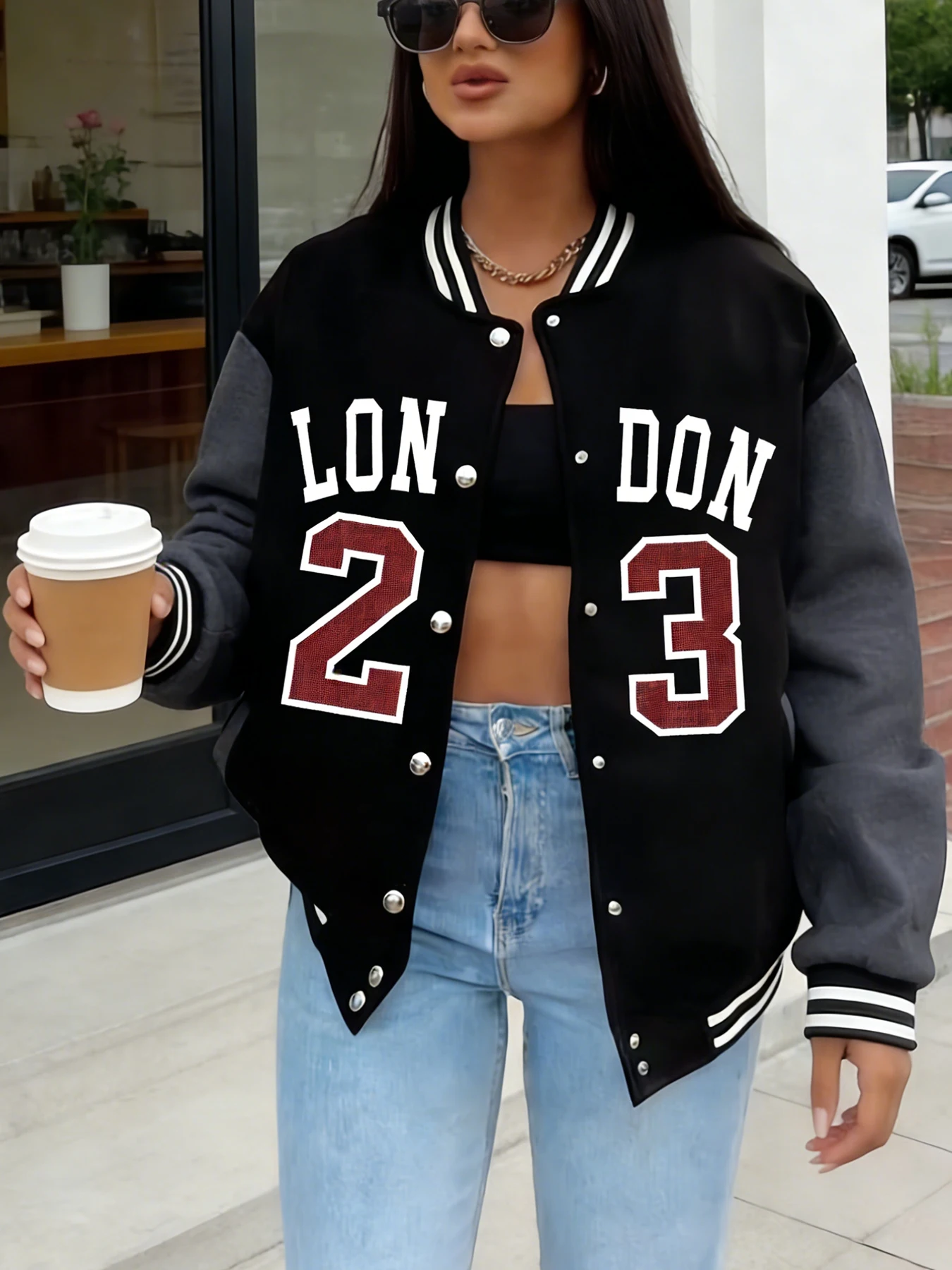 

Женская бейсбольная куртка большого размера с лондонским принтом 23, повседневное университетское пальто, уличная верхняя одежда, свободная куртка, фрисовая одежда