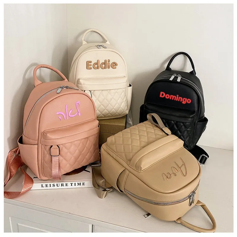 Embroidery Name Fashionable Classic Backpack Stitching Detail Zipper Adjustable Strap PU Custom Name Backpack School Bag