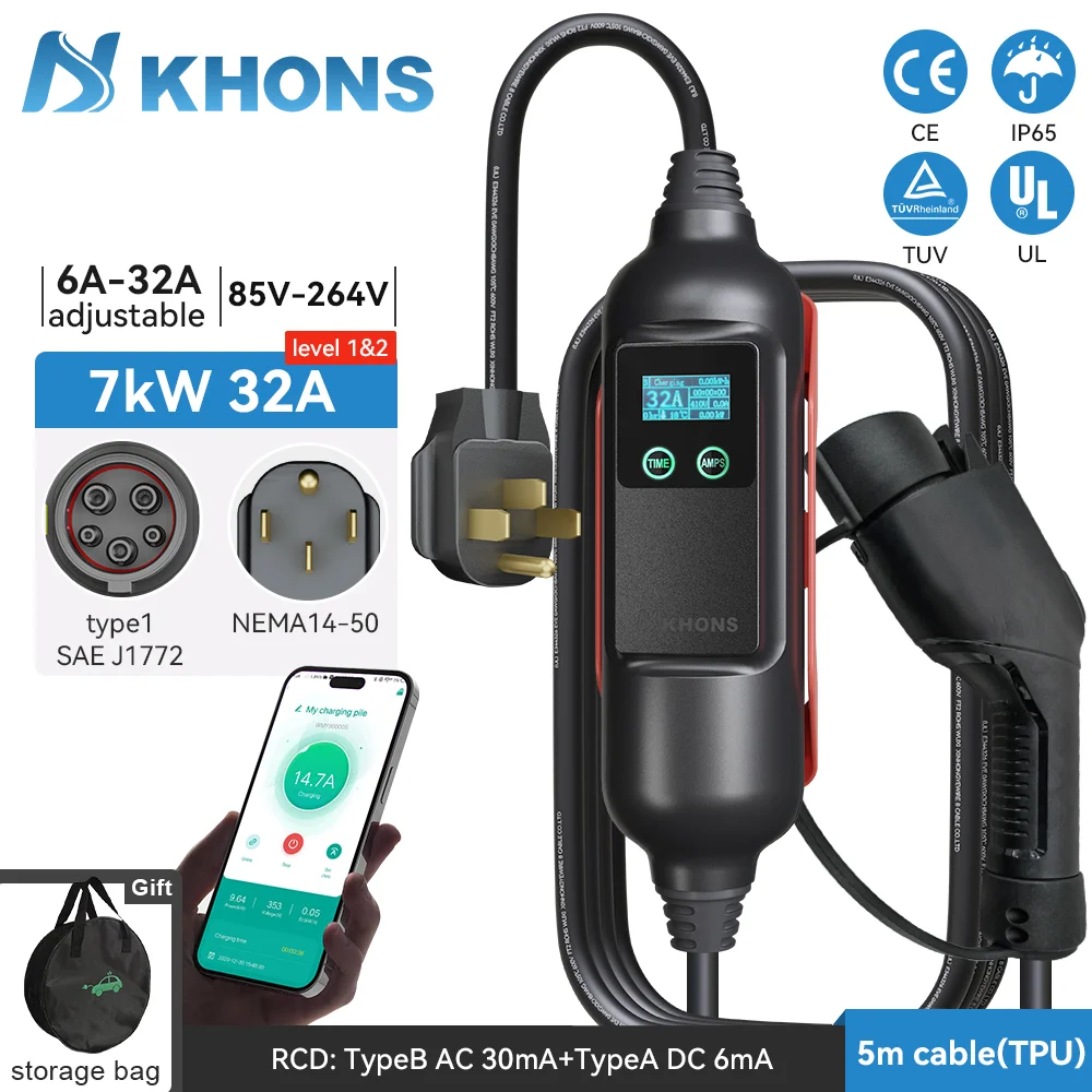 

Khons Portable EV Charger Type1 7KW EV Charger 32A 1Phase Socket Smart APP WIFI Control Version for Electric Vehicle