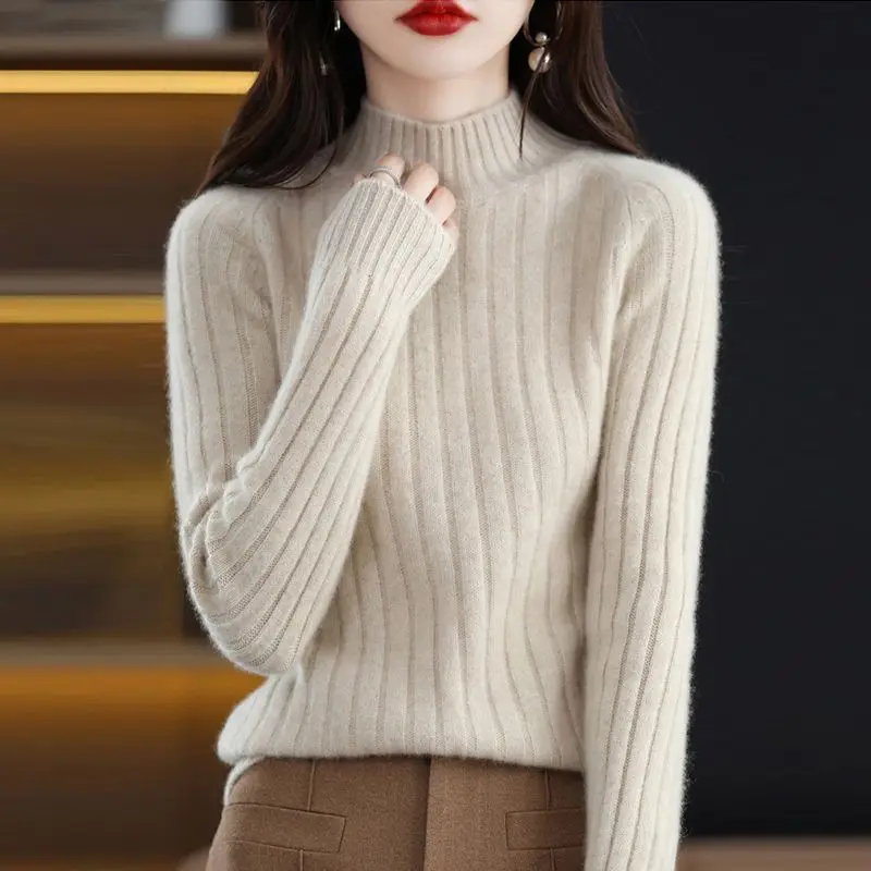 2023 Autumn and Winter New Elegant Versatile Commuter Women's Clothing Half High Collar Long Sleeve Solid Color Casual Sweater