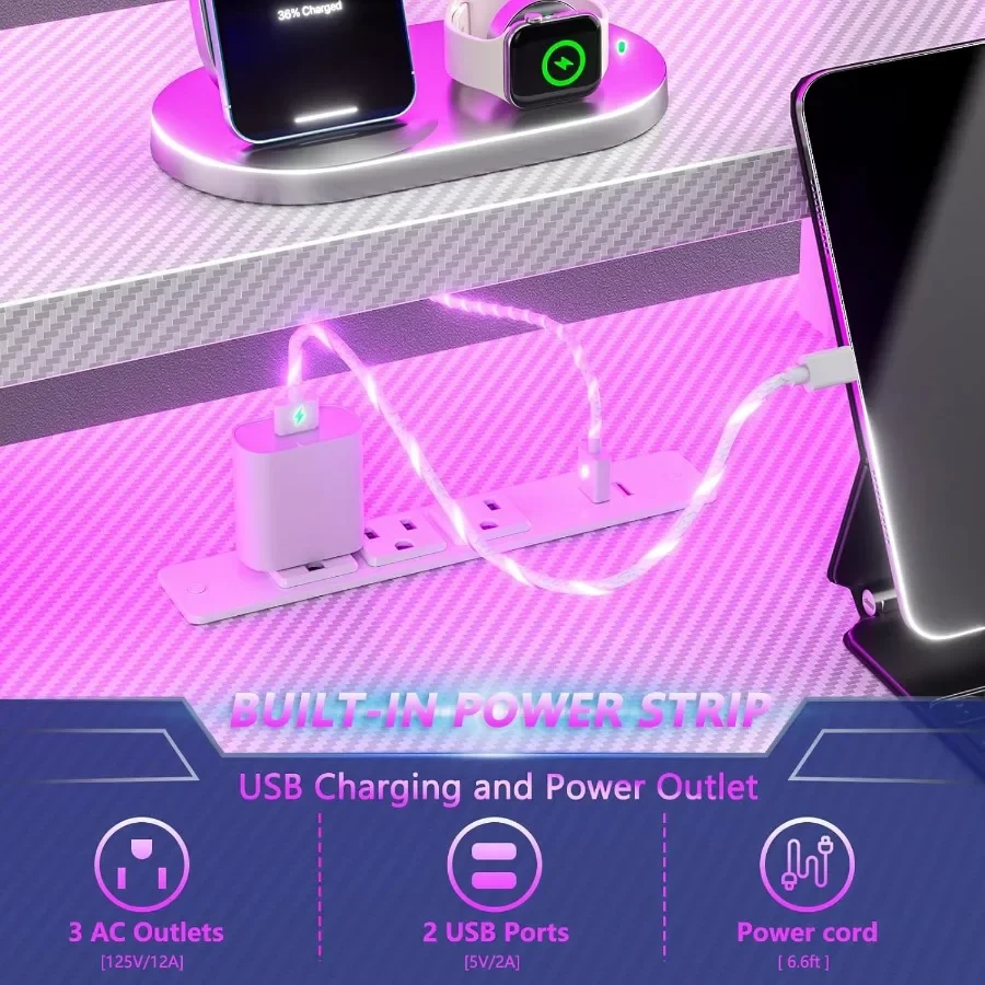 مكتب ألعاب على شكل حرف L مقاس 40 بوصة مع مخرج طاقة مدمج وأضواء LED محيطة ومكتب كمبيوتر زاوية يتميز بتخزين من 3 طبقات #5