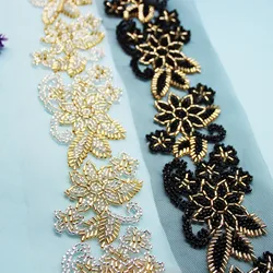 90cm White Gold Pearl Beaded Lace Fabric Embroidered Lace Ribbon Trim Beaded Floral Fringe Sewing Material Clothing Accessories