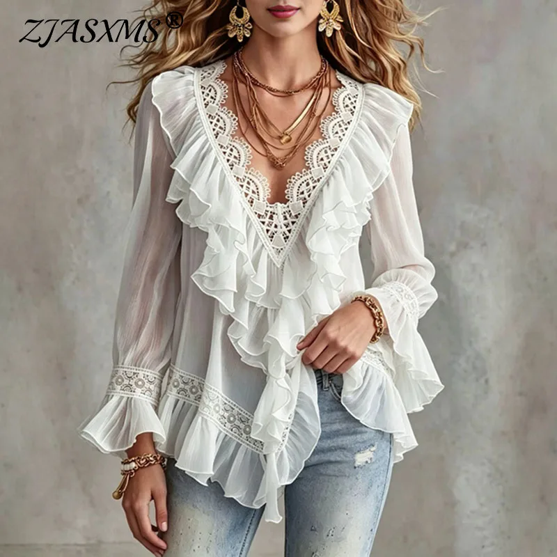 Women Solid Mesh Blouse V Neck Crochet Lace Trim Multi Ruffle Long Flare Sleeve Loose Boho Shirt Casual Summer Holiday Party Top