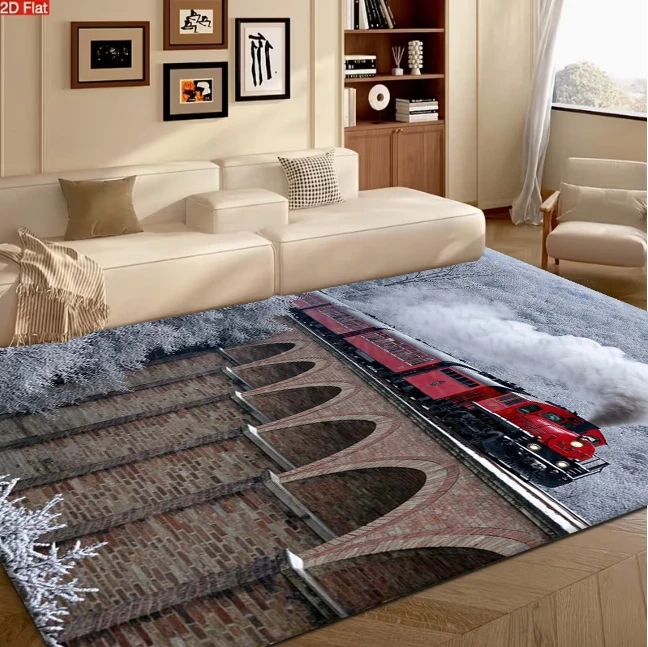 Vintage Red Steam Train Winter Snowy Forest Landscape carpet flooring, Retro Locomotive Scenery Art Print Area Rug for Living Room Bedroom Home Interior