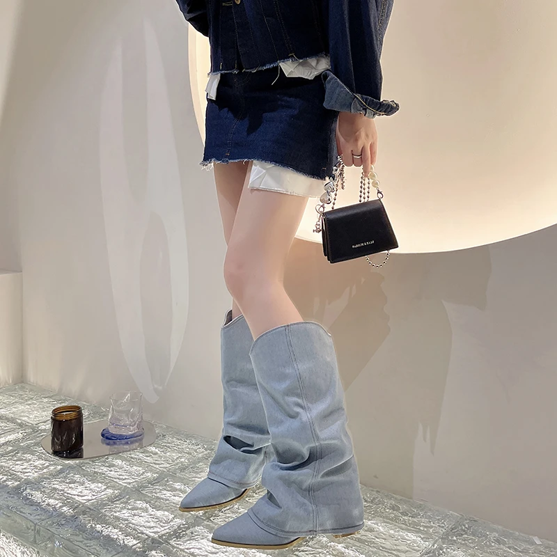 Plisowane niebieskie buty jeansowe modne damskie Chelsea Boots jesień zima na obcasie nowe buty damskie Zapatos Mujer