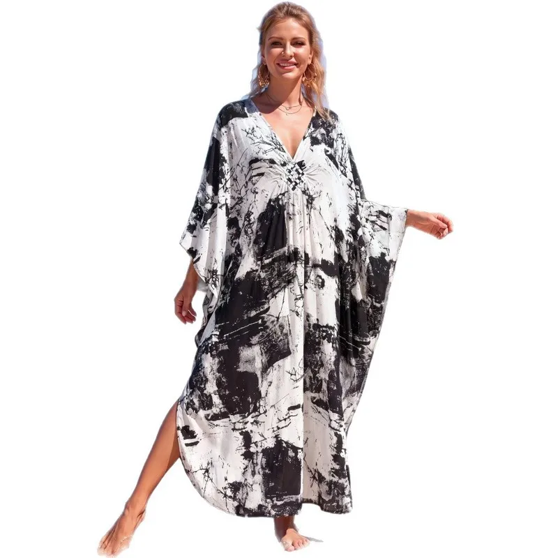 Plus Size Rayon Beach Cover Up Dress Women Caftan Bikini Swimsuit Kimono Lace Trim Flowy Bathing Suit Coverup Vacation Summer