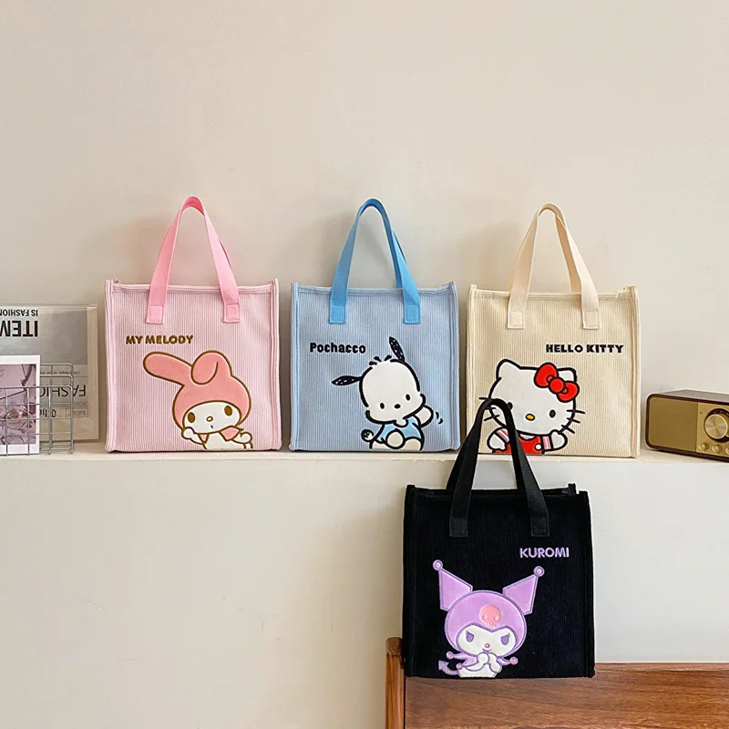 

New Sanrio Corduroy Cosmetic Bag Cute My Melody Kuromi Hello Kitty Cartoon Pencil Case Girl's Handheld Coin Purse