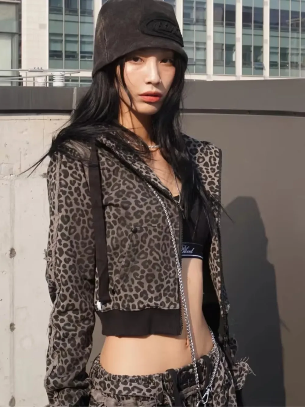 Retro American Style Leopard Print Hoodie Women's Casual Sportswear Jacket Vintage Worn-look Short Length Zipper Closure