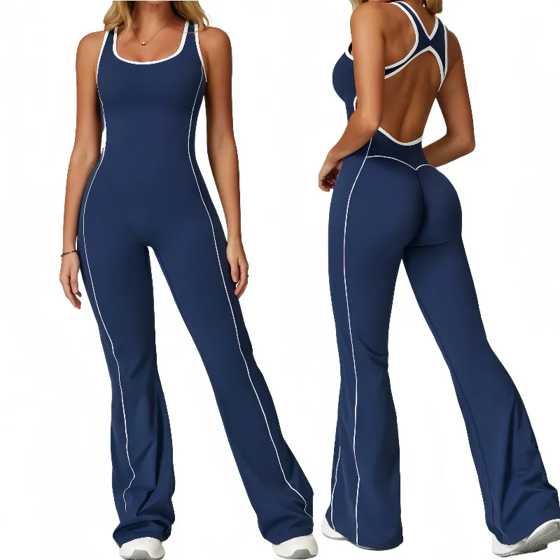 

Hollow Out Beautiful Back Yoga Suit, Dance Sports Jumpsuit, Hip Lifting, Pleating, Micro Flared Jumpsuit Yoga Suit