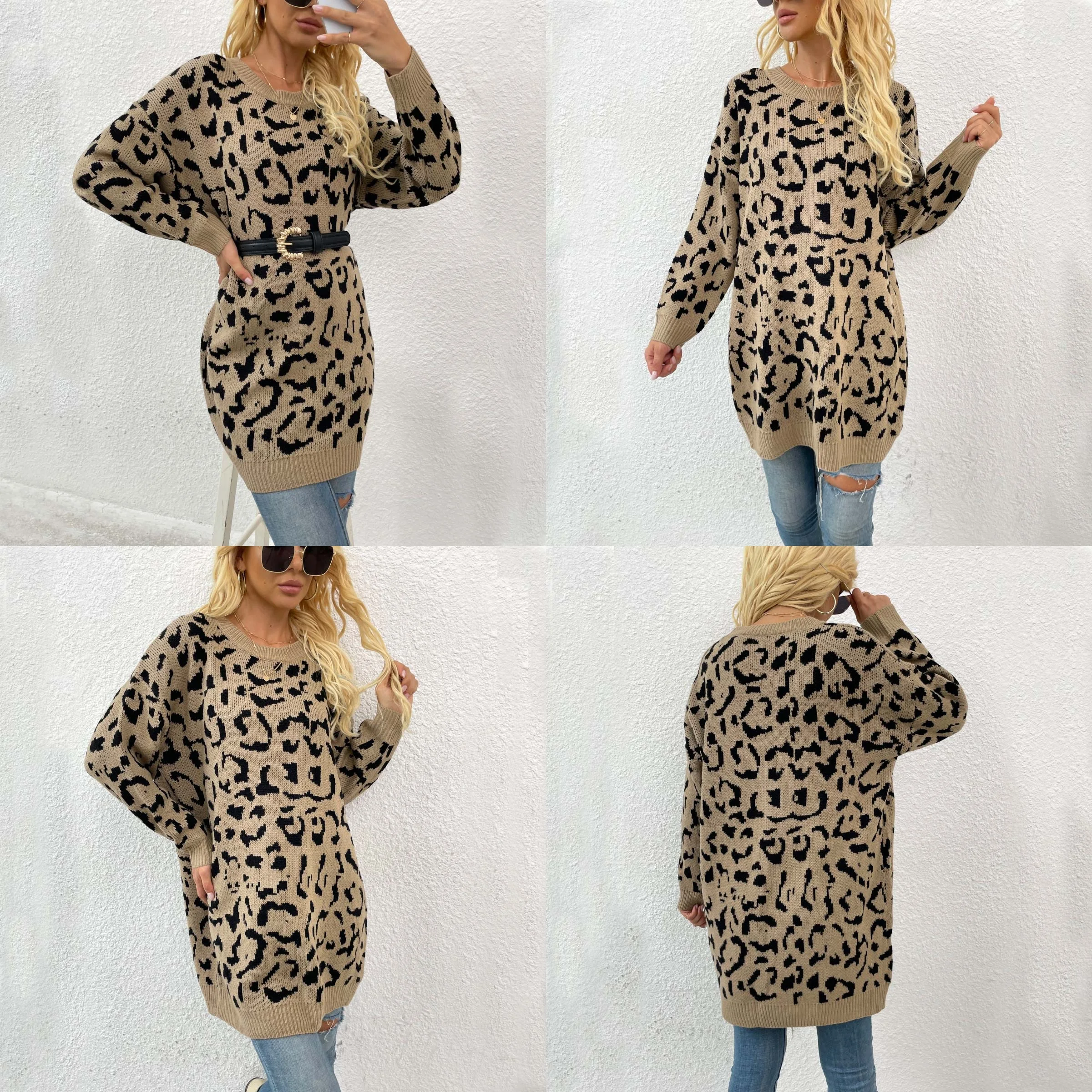 Women Autumn Winter Sweater Dress, Knit Dress Crewneck Leopard Print Pullover Dress, Spring Summer Knitwear Tunic Tops