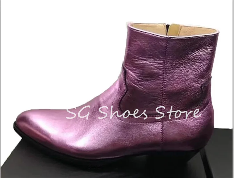 Romantic Purple Leather Male Wedding Dress Shoes Pointed Toe Chunky Heel Chelsea Boots for Men Party Dress Ankle Boots