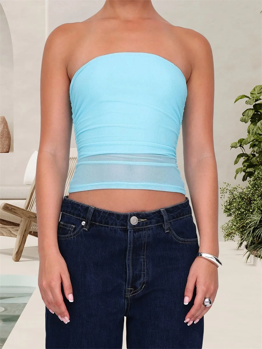 Women s Off Shoulder Blouse Sexy Lace Ruffle Trim  Fit Crop Top Summer Strapless Tube Shirt Beachwear