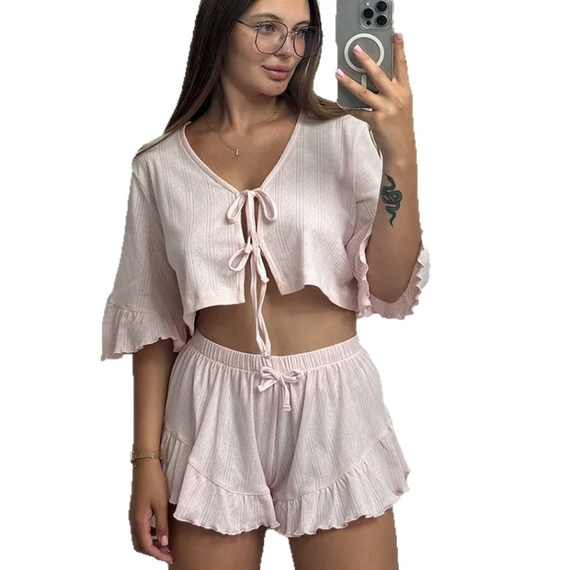 Cardigan Strap Pajamas Women's Ruffle Edge Short-sleeved Shorts Can Be Worn Outside, Comfortable and Breathable Loungewear Set