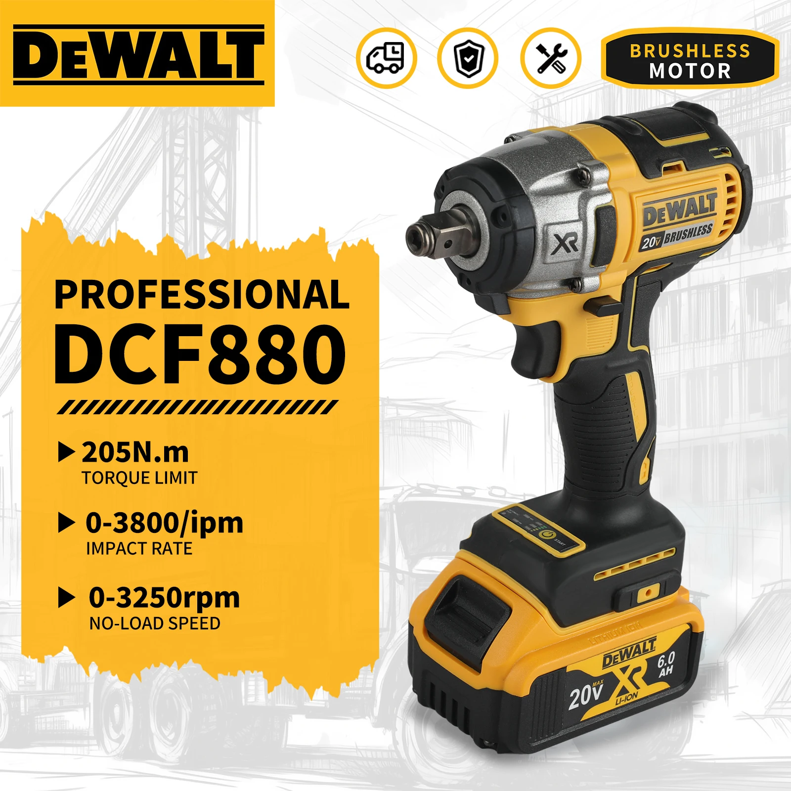 

Dewalt DCF880 205N. M 20V Battery Multifunctional Portable Wireless Impact Power Tool Brushless Electric Wrench