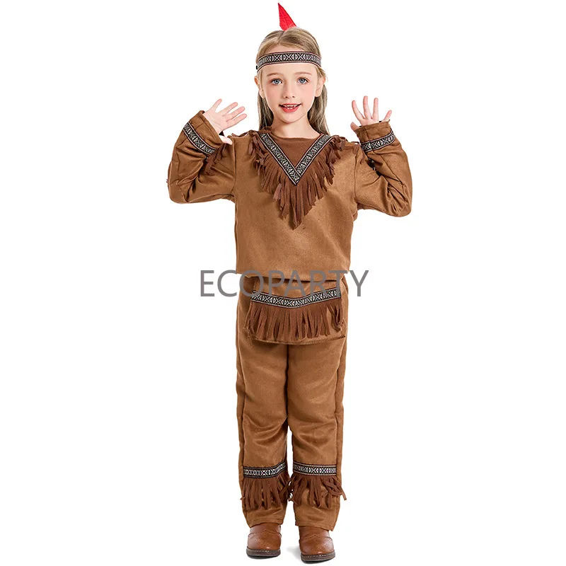 2024 Meisjes Jongens Wilde Man Halloween Cosplay Kostuum Indianen Carnaval Feest Jager Rollenspel Outfit Kids Unisex Fancy Dress Up