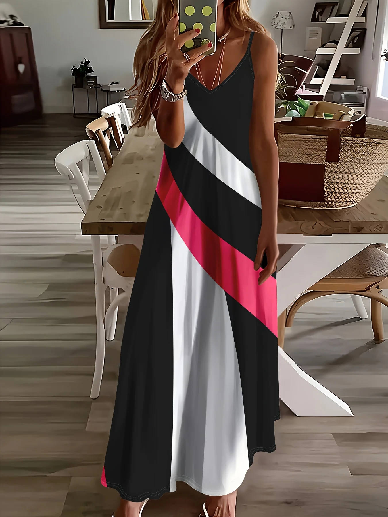 Printed Design Casual Slant Stripe Contrast Print Slip Maxi Skirt