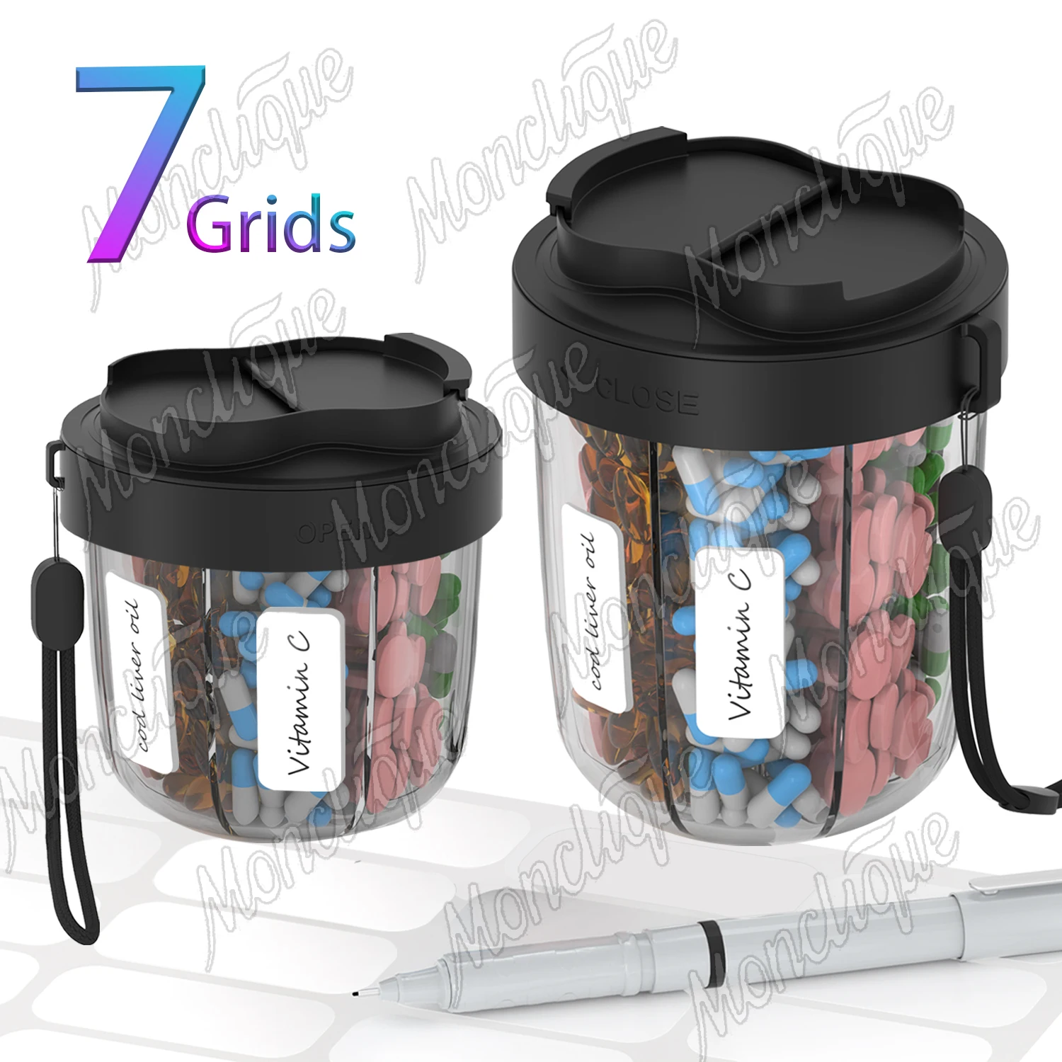 7 مقصورات منظم حبوب الدواء موزع السفر علبة حبوب منع الحمل الأسبوعية مع تصميم مضاد للمزيج 20 ملصق حاوية مكملات محمولة M/L